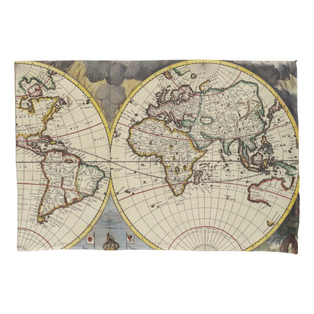 Vintage World Map with Mythological Four Elements Pillowcase (Front-Left)