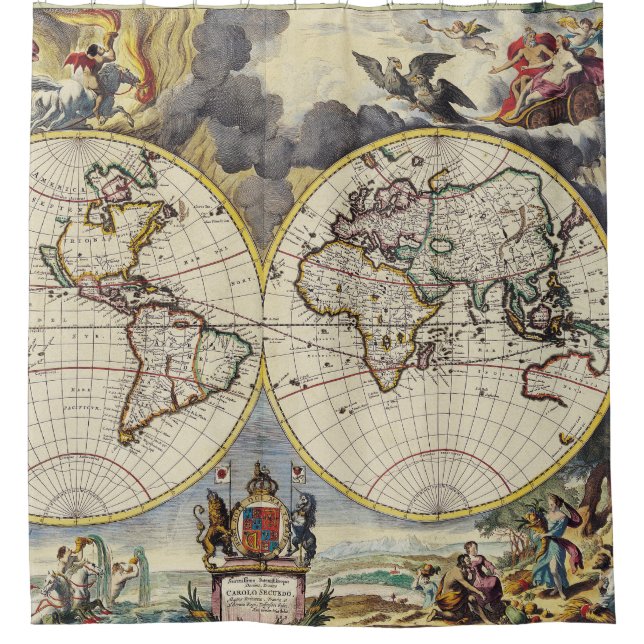 Vintage World Map with Mythological Four Elements Shower Curtain (Front)