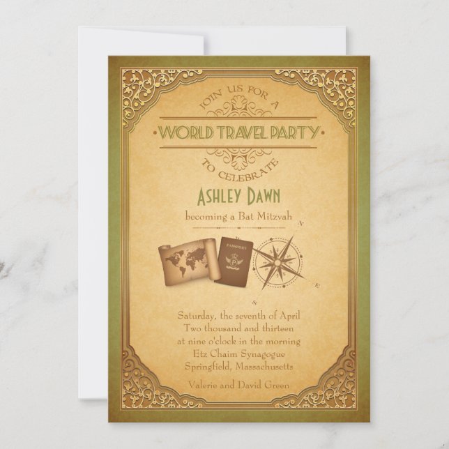 Vintage World Travel Bat Mitzvah Invitation (Front)