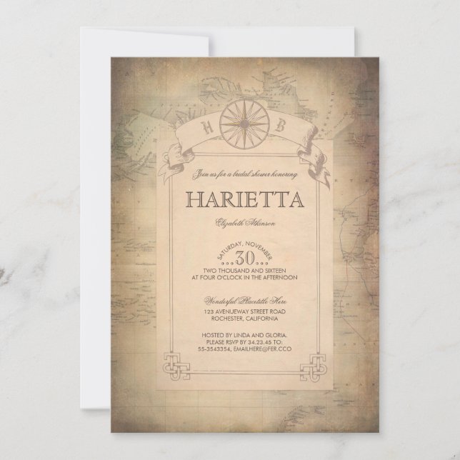 Vintage World Travel Map Bridal Shower Invitation (Front)