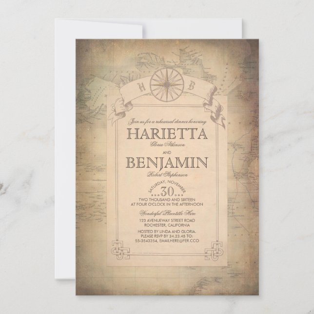 Vintage World Travel Map Rehearsal Dinner Invitation (Front)