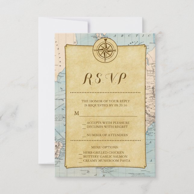Vintage World Travel Map Wedding RSVP Card (Front)