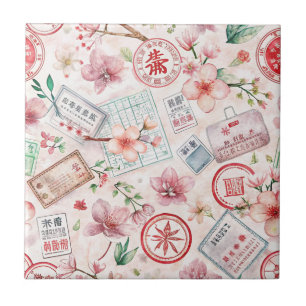 Vintage World Travel Stamp Pattern (1) Ceramic Tile