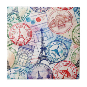 Vintage World Travel Stamp Pattern (2) Ceramic Tile