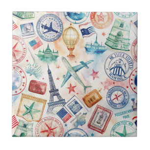 Vintage World Travel Stamp Pattern (3) Ceramic Tile