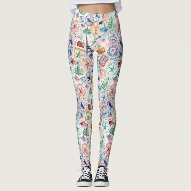 Vintage World Travel Stamp Pattern (3) Leggings (Front)