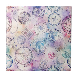 Vintage World Travel Stamp Pattern (4) Ceramic Tile