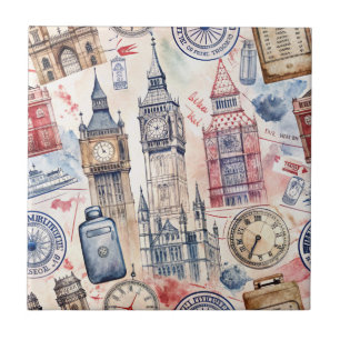 Vintage World Travel Stamp Pattern (5) Ceramic Tile