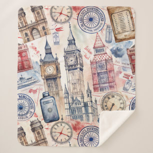 Vintage World Travel Stamp Pattern (5) Sherpa Blanket