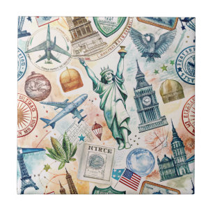 Vintage World Travel Stamp Pattern (6) Ceramic Tile