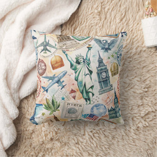 Vintage World Travel Stamp Pattern (6) Cushion