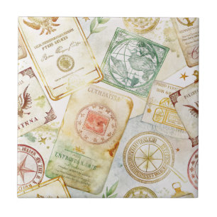 Vintage World Travel Stamp Pattern (7) Ceramic Tile