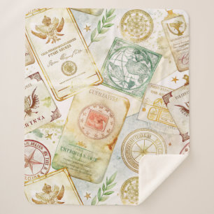 Vintage World Travel Stamp Pattern (7) Sherpa Blanket
