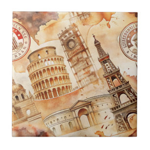 Vintage World Travel Stamp Pattern (9) Ceramic Tile