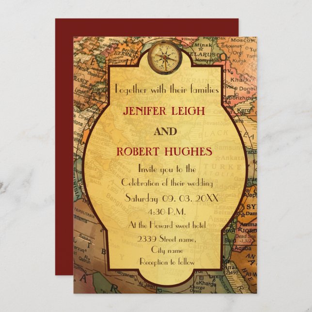Vintage world travel themed wedding invitation (Front/Back)