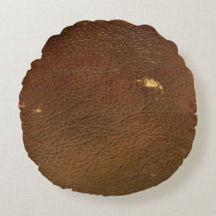 Vintage Worn Brown Leather Round Cushion