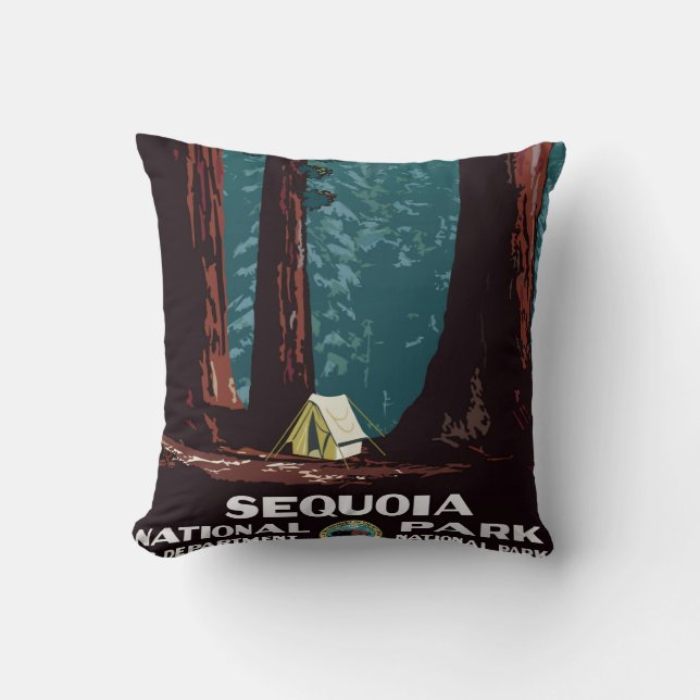 Vintage WPA Camping in Sequoia National Park Cushion (Front)