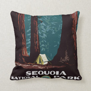 Vintage WPA Camping in Sequoia National Park Cushion