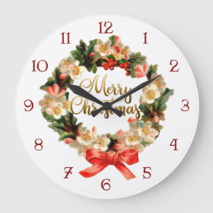 Vintage Wreath and Merry Christmas Calligraphy Large Clock