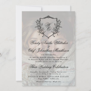 Vintage Wreath Crest Black White Photo Wedding Invitation