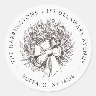 Vintage Wreath Hand-Drawn Holiday Return Address Classic Round Sticker