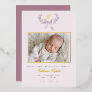 Vintage Wreath Ribbon Bow Pink Baby Foil Holiday Card