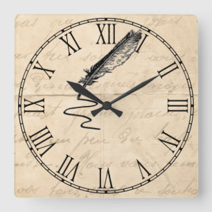 Vintage Writer’s Feather Quill Square Wall Clock