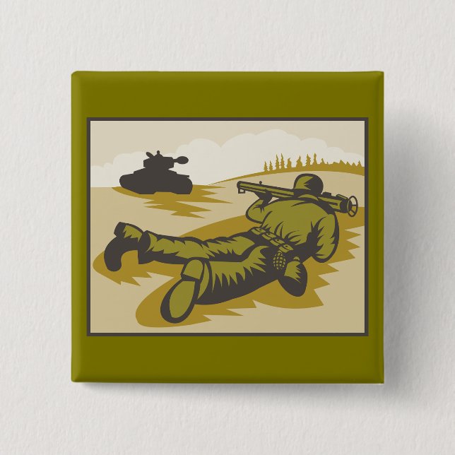 Vintage WW2 Bazooka Soldier and Tank 15 Cm Square Badge (Front)