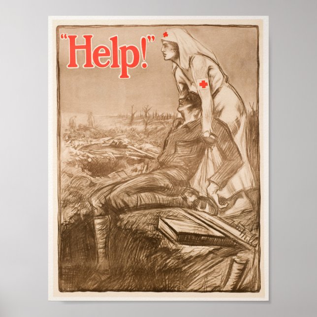 Vintage WWI Nurse on the Battlefield, Poster (Front)
