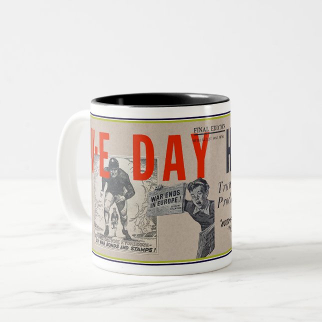 VINTAGE WWII NEWSPAPER THEME Two-Tone COFFEE MUG (Front Left)