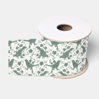 Vintage Xmas Songbirds and Linen Florals (Green) Grosgrain Ribbon
