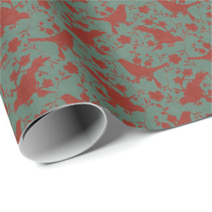 Vintage Xmas Songbirds Linen Florals (Red Green) Wrapping Paper