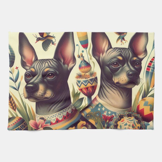 Vintage Xoloitzcuintle Illustration Tea Towel (Horizontal)
