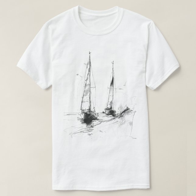 Vintage Yacht Sketch – Nautical Minimal Art T-Shirt (Design Front)