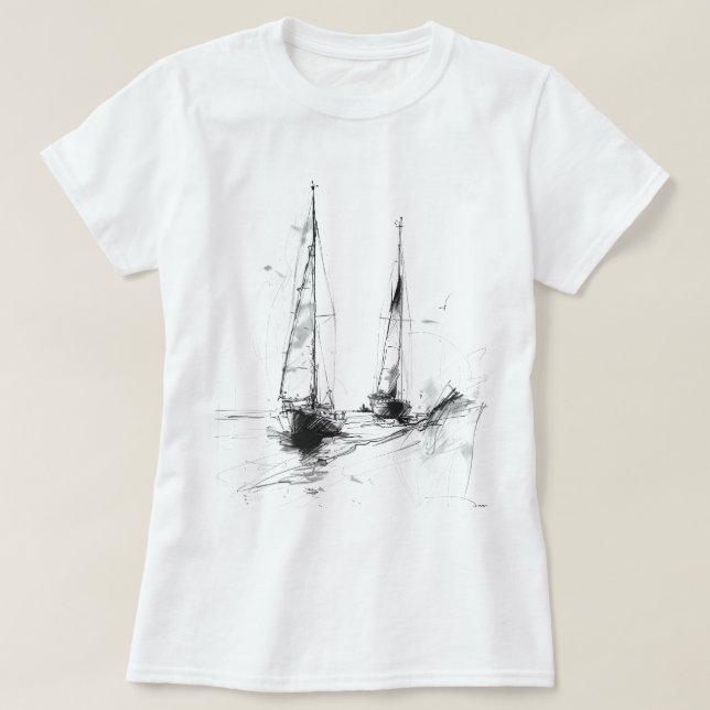 Vintage Yacht Sketch – Nautical Minimal Art T-Shirt (Design Front)