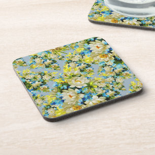 Vintage Yellow and Blue Floral Pattern Coaster