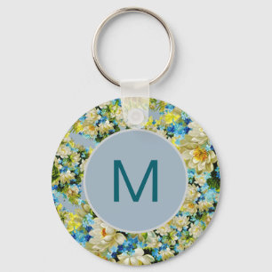 Vintage Yellow and Blue Floral Pattern Monogram Key Ring