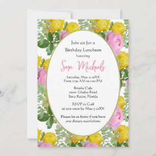 Vintage Yellow and Pink Roses Birthday Lunch  Invitation