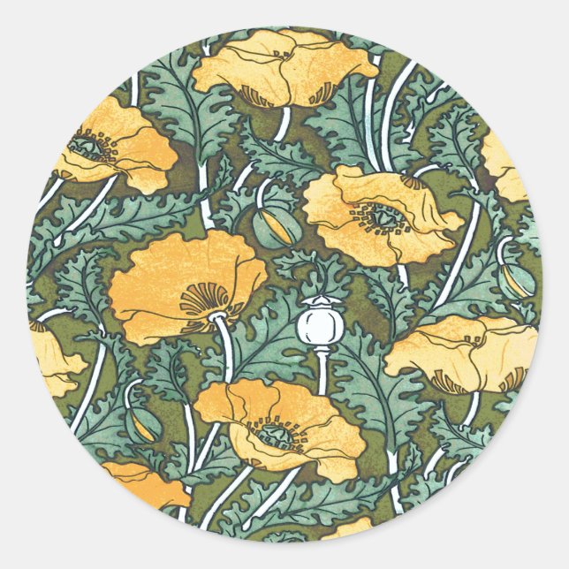 Vintage Yellow Art Nouveau Poppy Classic Round Sticker (Front)