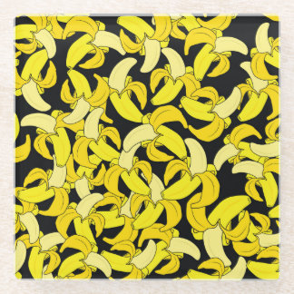 Vintage Yellow Bananas: Black Background Glass Coaster