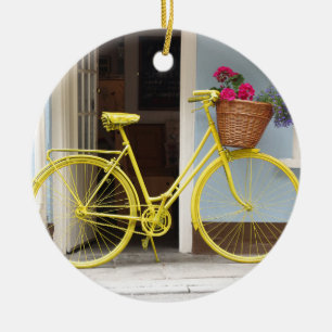 Vintage Yellow Bicycle and flower basket Ceramic Ornament
