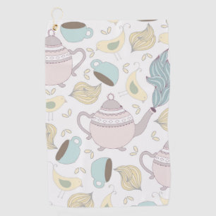 Vintage Yellow Bird Teapot Pastel Cup Tea Time Golf Towel