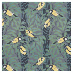 Vintage Yellow Birds in Trees Pattern Fabric