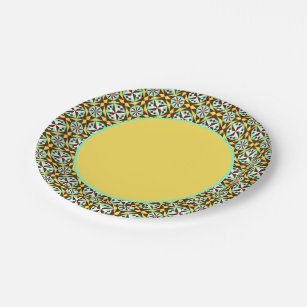 Vintage Yellow Blue Brown Barcelona Pattern Paper Plate