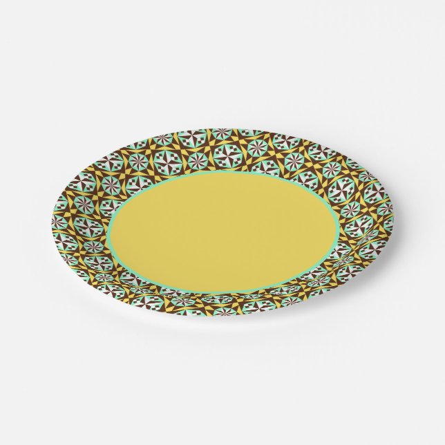 Vintage Yellow Blue Brown Barcelona Pattern Paper Plate (Angled)