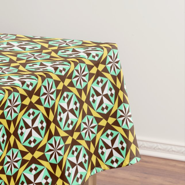 Vintage Yellow Blue Brown Barcelona Pattern Tablecloth (In Situ)