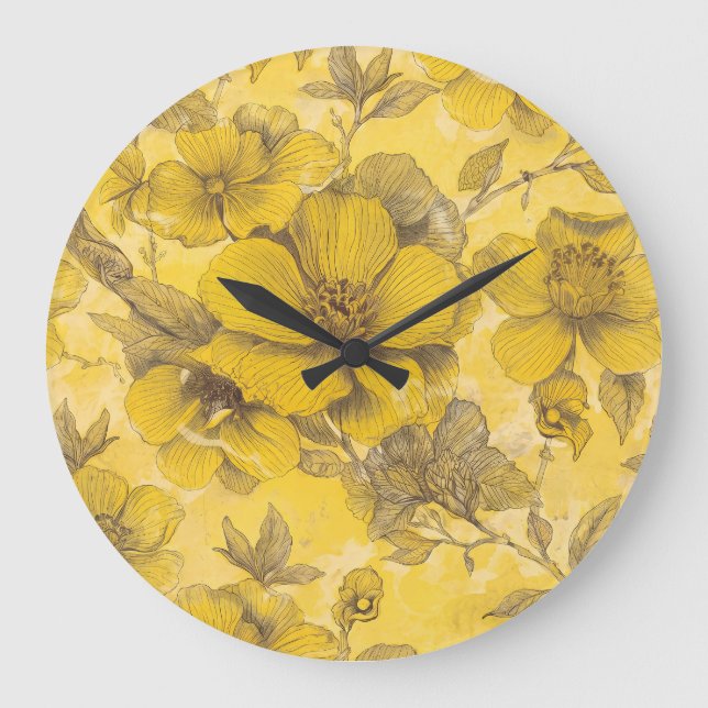 Vintage Yellow Botanical Floral Pattern Large Clock (Front)