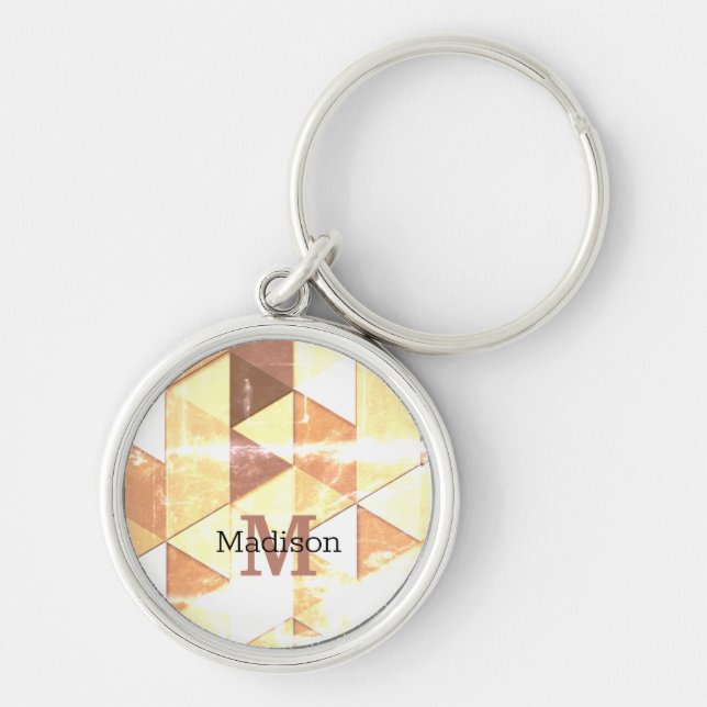 Vintage yellow brown geometric pattern Monogram Key Ring (Front)