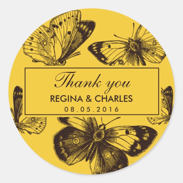 Vintage Yellow Butterfly Wedding Thank You Sticker (Front)