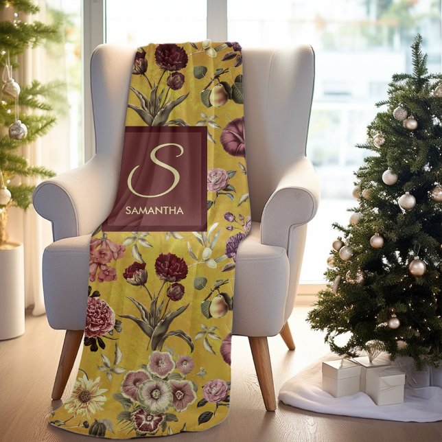 Vintage yellow Floral monogram Fleece Blanket (Creator Uploaded)